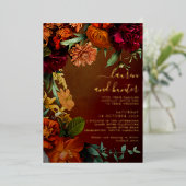 ムーディサンセットカラーフローラ結婚スクリプトの金ゴールド 箔招待状 (立ち正面)