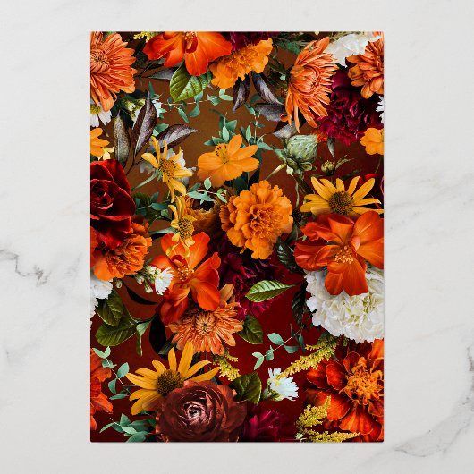 ムーディサンセットカラーフローラ結婚スクリプトの金ゴールド 箔招待状 (裏面)