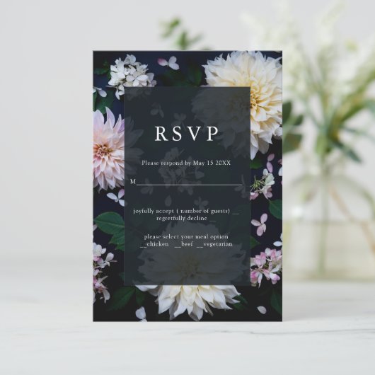 ムーディダリアフローラ結婚式RSVPグリーン 出欠カード (スタンド正面)