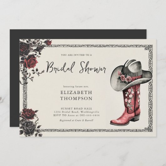 ムーディダークゴシックウエスタンブラックバラブライダルシャワー 招待状 (正面/裏面)