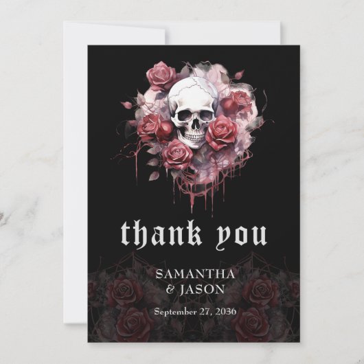ムーディダークゴシックフローラスカルハロウィン結婚ズ サンキューカード (正面)