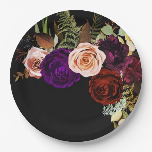 ムーディダークフローラはっきりしたグリーナリーカラーシック結婚ズ ペーパープレート (正面)