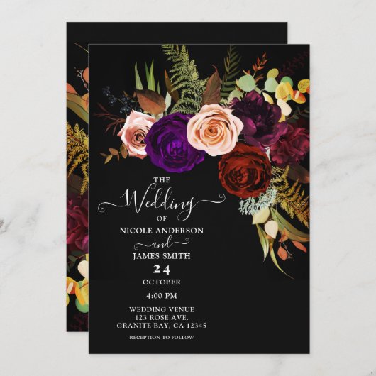 ムーディダークフローラはっきりしたグリーナリーカラーシック結婚ズ 招待状 (正面/裏面)