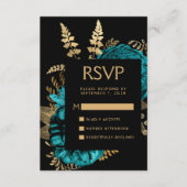 ムーディダークフローラターコイズ金ゴールドウェディングRSVP エンクロージャーカード (正面)