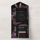 ムーディダークフローラパープルバラ結婚金ゴールド オールインワン招待状 (内側)