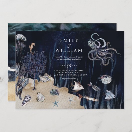 ムーディナイトアンダーザシー海ビーチ結婚式 招待状 (正面/裏面)