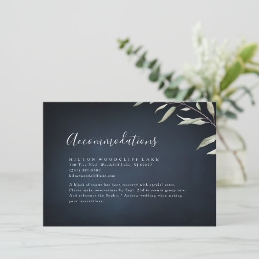 ムーディネイビーのミニマル緑の宿泊施設 エンクロージャーカード (スタンド正面)