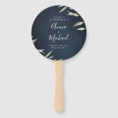 ムーディネイビーのミニマル緑の素朴な結婚式プログラム ハンドファン (正面)