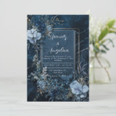 ムーディネイビーブルーフローラ結婚式招待状 招待状 (スタンド正面)