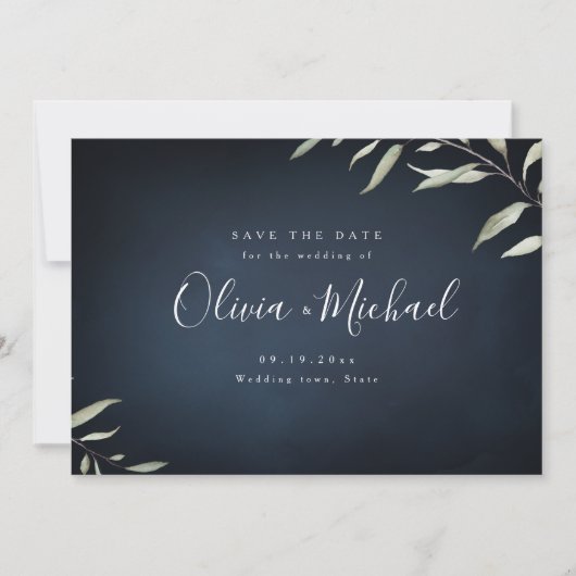 ムーディネイビーミニマルの緑は日付を除く セーブザデート (正面)