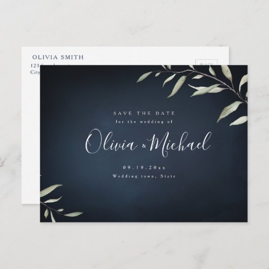 ムーディネイビーミニマルの緑は日付を除く 案内ポストカード (正面/裏面)