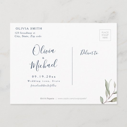 ムーディネイビーミニマルの緑は日付を除く 案内ポストカード (裏面)