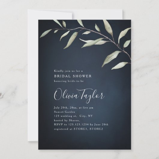 ムーディネイビーミニマルグリーンブライダルシャワー 招待状 (正面)