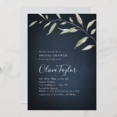 ムーディネイビーミニマルグリーンブライダルシャワー 招待状 (正面/裏面)