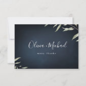 ムーディネイビーミニマルボタニカル結婚グリーン サンキューカード (正面)