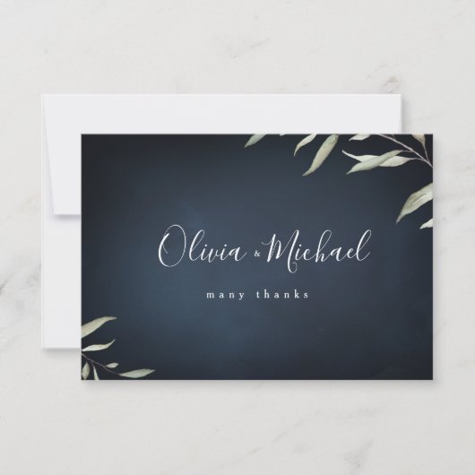 ムーディネイビーミニマルボタニカル結婚グリーン サンキューカード (正面)