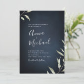 ムーディネイビーミニマルボタニカル結婚グリーン 招待状 (スタンド正面)