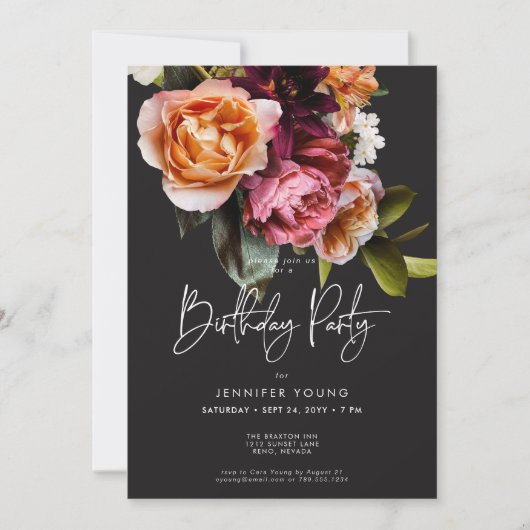 ムーディバーエレガントグンディ&ピンクフローラ誕生日 招待状 (正面)