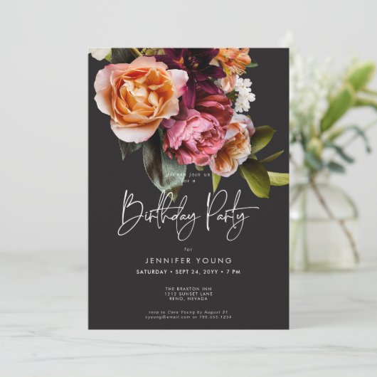 ムーディバーエレガントグンディ&ピンクフローラ誕生日 招待状 (スタンド正面)