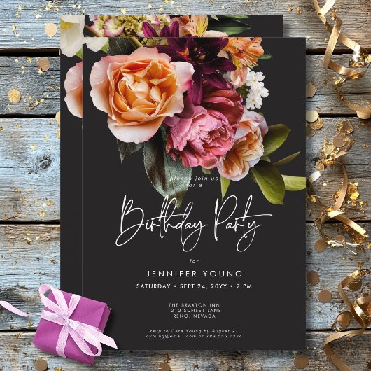 ムーディバーエレガントグンディ&ピンクフローラ誕生日 招待状