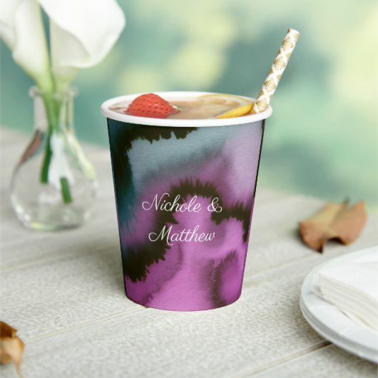 ムーディパープルとターコイズブルーの抽象的なウェディング 紙コップ (インサイチュ)