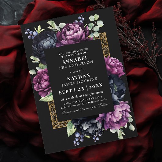 ムーディパープルとブラックエレガントフローラ結婚ズ 招待状