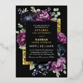 ムーディパープルとブラックエレガントフローラ結婚ズ 箔招待状 (正面)