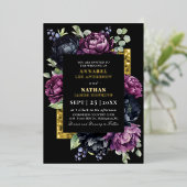 ムーディパープルとブラックエレガントフローラ結婚ズ 箔招待状 (立ち正面)