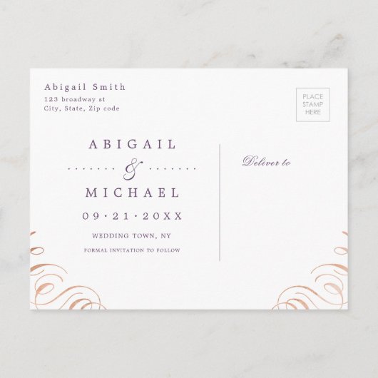 ムーディパープルバラ金ゴールド書の日付を保存 案内ポストカード (裏面)