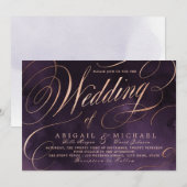 ムーディパープルバラ金ゴールド書道ヴィンテージ結婚式 招待状 (正面/裏面)