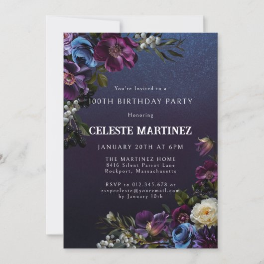 ムーディパープルフラワーズ100誕生日 招待状 (正面)