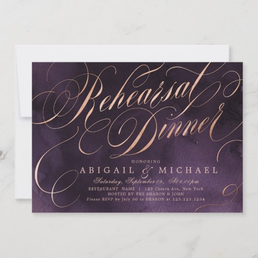 ムーディパープル金ゴールド書道リハーサルディナー 招待状 (正面)