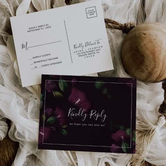 ムーディパープル開花パタシンプルーンRSVPポストカード インビテーションポストカード