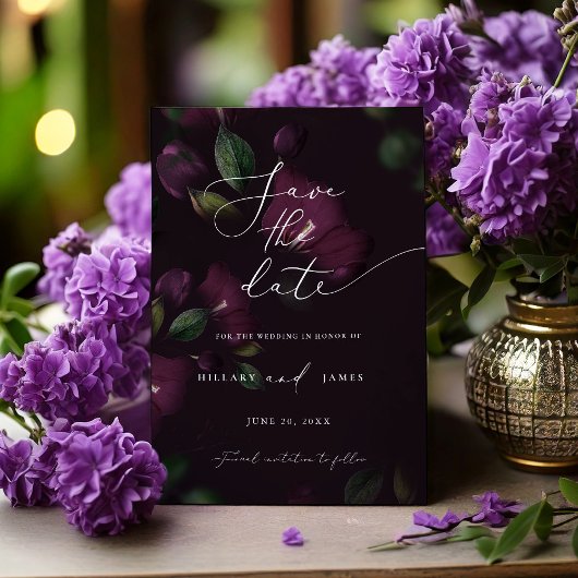 ムーディパープル開花書道の日付を保存 招待状