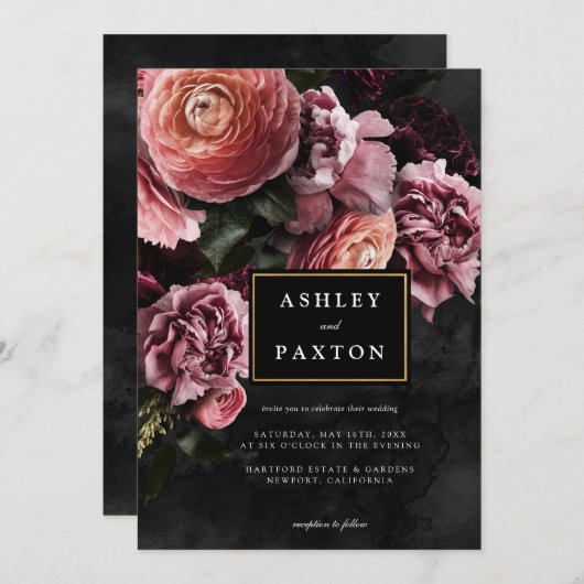 ムーディピエレガントンク |フローラブーケを黒に 招待状 (正面/裏面)