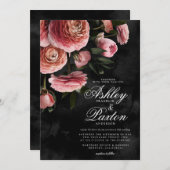 ムーディピエレガントンク |フローラブーケを黒の招待客 招待状 (正面/裏面)