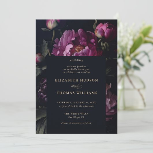 ムーディピンク牡丹モダンヴィンテージエレガントな結婚式 招待状 (スタンド正面)