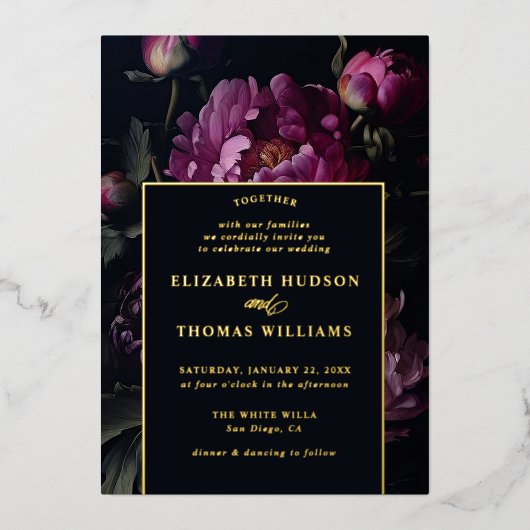 ムーディピンク牡丹モダンヴィンテージエレガントな結婚式 箔招待状 (正面)