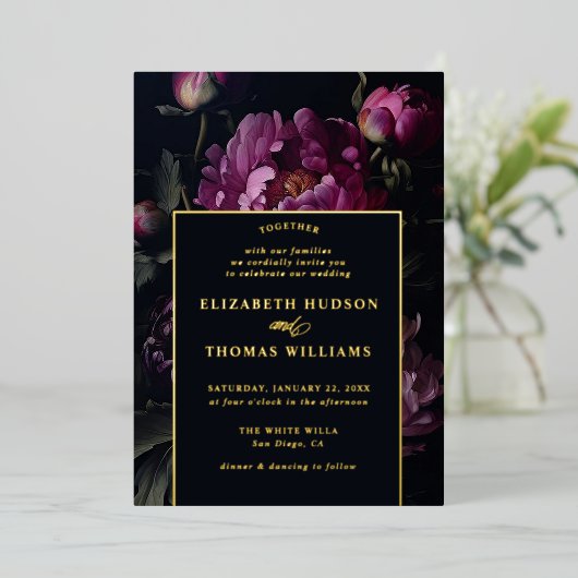 ムーディピンク牡丹モダンヴィンテージエレガントな結婚式 箔招待状 (立ち正面)