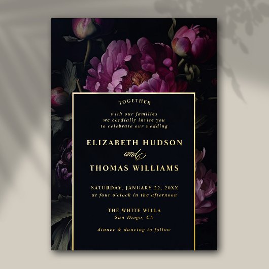 ムーディピンク牡丹モダンヴィンテージエレガントな結婚式 箔招待状