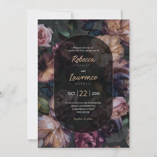 ムーディピンク花模様結婚式招待状 招待状 (正面)