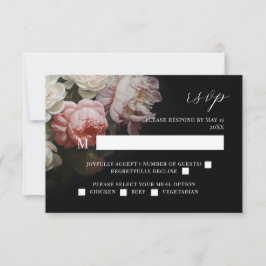 ムーディピーニーバラ結婚フローラの黒いRSVPカード 出欠カード