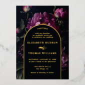 ムーディピーニーヴィンテージボホ金ゴールドエレガントな結婚式 箔招待状 (正面)