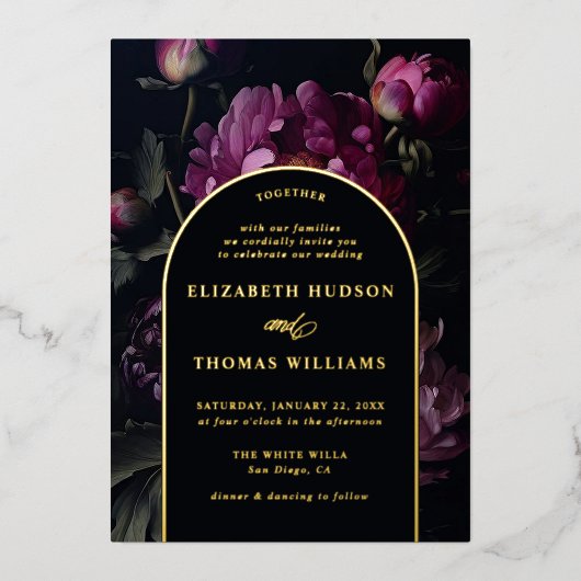 ムーディピーニーヴィンテージボホ金ゴールドエレガントな結婚式 箔招待状 (正面)