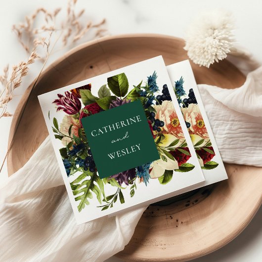 ムーディフローラエメラルド&バーグンディ結婚ズ スタンダードカクテルナプキン