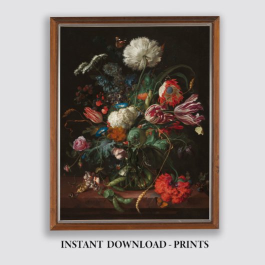 ムーディフローラオイル塗装、アンティークダークスチルライフ ポスター