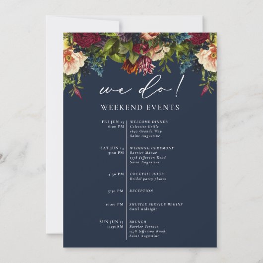 ムーディフローラネイビー結婚ブルーのウェルカムバッグカード 招待状 (裏面)