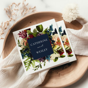 ムーディフローラネイビー&バーグンディ結婚ズ スタンダードカクテルナプキン