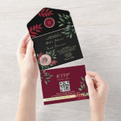 ムーディフローラブルグンディ結婚ブラック オールインワン招待状 (貼ってはがせる)