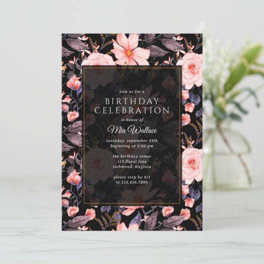 ムーディフローラヴィンテージブラック+ピンク任意の年齢誕生日 招待状 (スタンド正面)